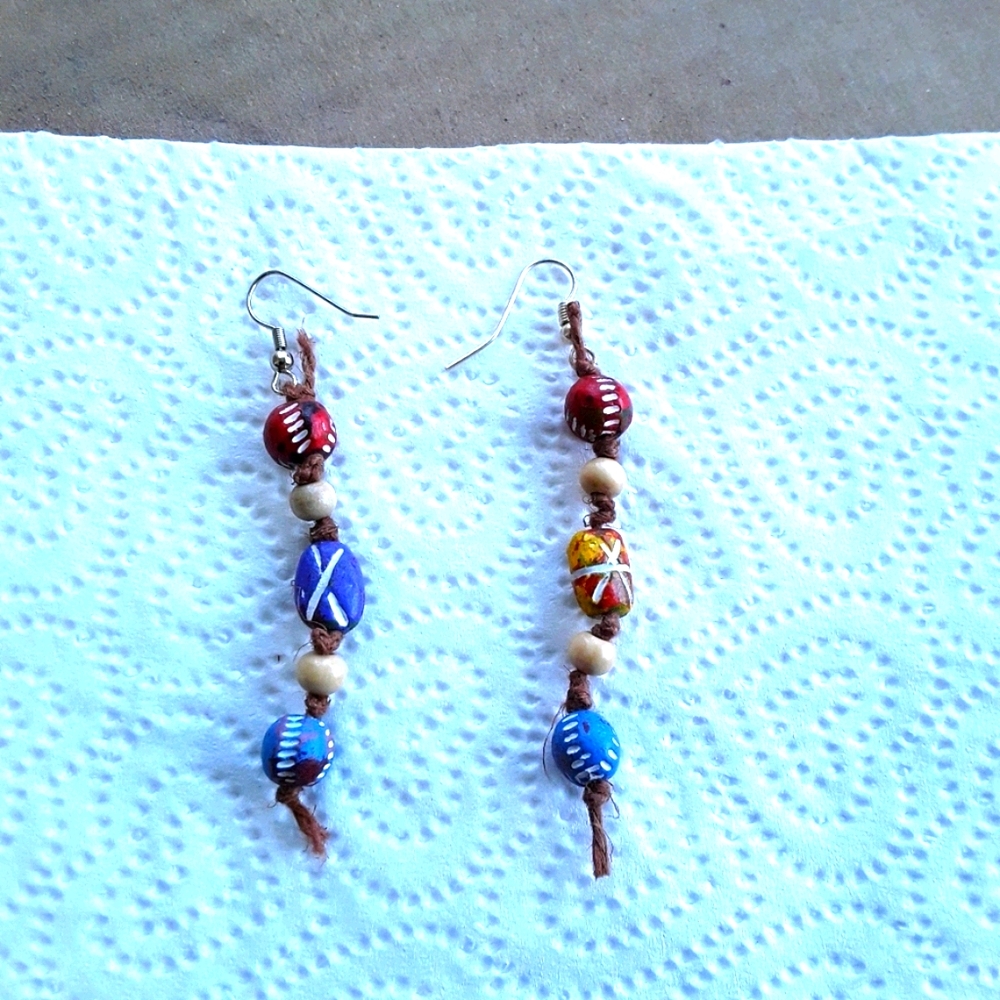 Boho Hand crafted, Hand Painted, Clay Earrings